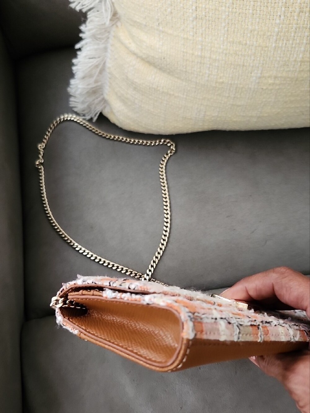 Furla Tweed Crossbody Bag in Pink, White & Brown with Chain Strap - Picture 8 of 11